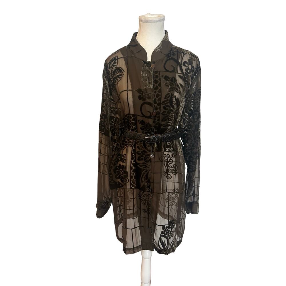Coldwater Creek Burnout Velvet Duster Blouse Sheer Mocha Floral Y2K - Picture 10 of 15